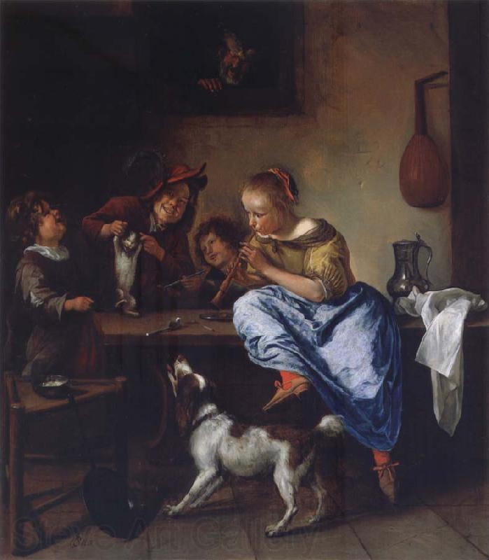 Jan Steen Children teaching a cat to dance